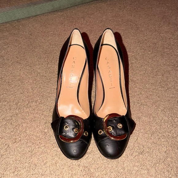 Casadei Black Ostrich Leather Heels with Gold Buckle - Picture 3 of 4